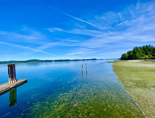 reflection of clouds on the water along the coast line on a sunny day